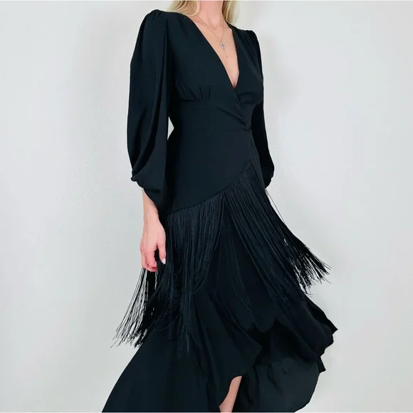 Hutch | Dresses | Hutch Black Long Billowy Sleeves Vneck Wrap Fringe Detail  Elegant Midi Dress | Poshmark